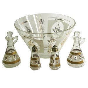 Anchor Hocking Salt & Pepper, Hazel Atlas Bowl, Brockway Cruet Set Gold Wheat